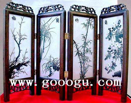 梅蔺竹菊四扇折叠小屏风  苏州双面绣品  纯手工双面绣