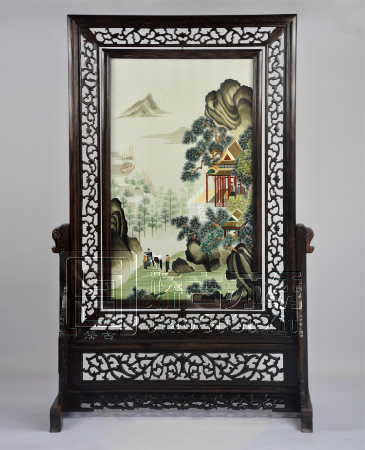 双面绣山水台屏