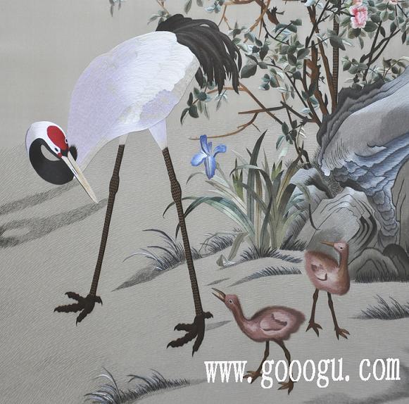 球友会官方入口精品《花荫双鹤图》，中式装饰壁画，古典刺绣画