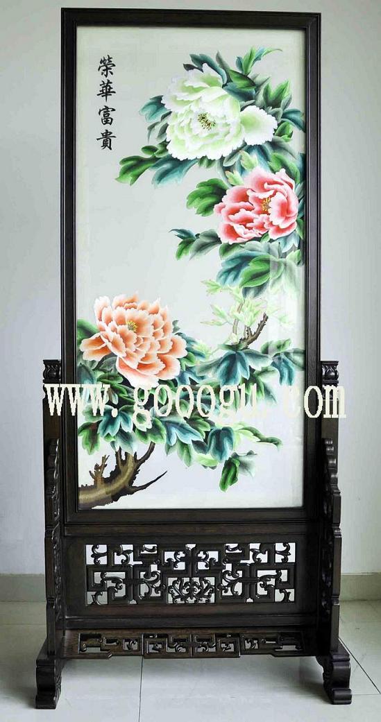 牡丹刺绣双面绣,荣华富贵双面绣玄关屏风,苏州手工刺绣绣品