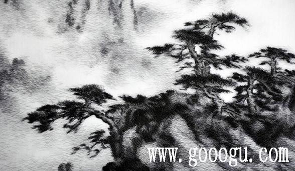 乱针绣精品,风景球友会官方入口画,手工刺绣风景画,黄山云海